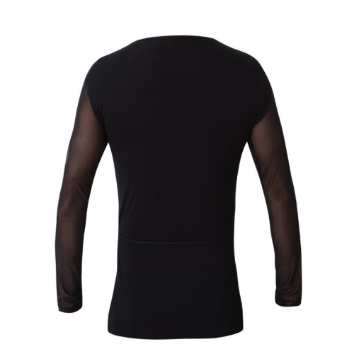 Men youth Latin ballroom dance shirts Black training practice T-shirt for male long mesh sleeves waltz tango dance tops with slits on both sides for man